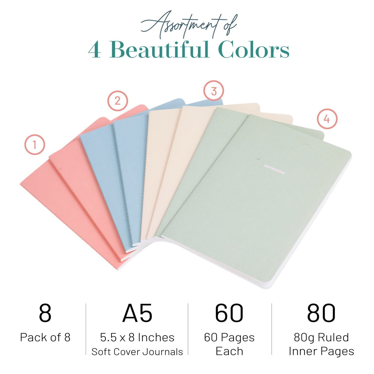 Assortment of 8 spring A5 soft cover journals in different colors with product details.