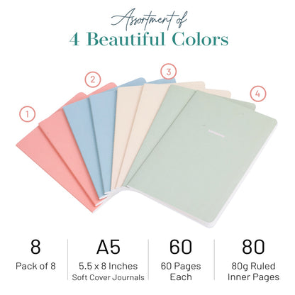 Assortment of 8 spring A5 soft cover journals in different colors with product details.