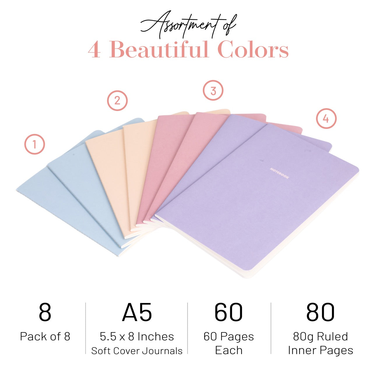 Assortment of 8 colorful A5 soft cover journals on a white background with product details.