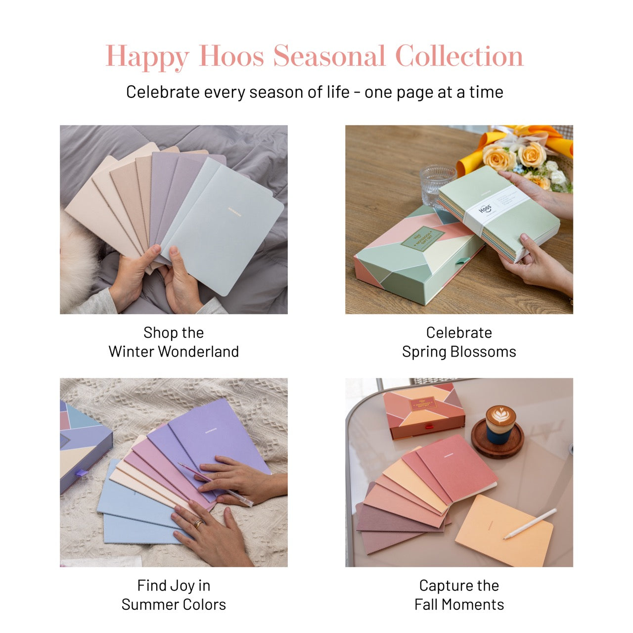 Promotional image for 'Happy Hoos Seasonal Collection' with images of notebooks and stationery items for winter, spring, summer and fall. 