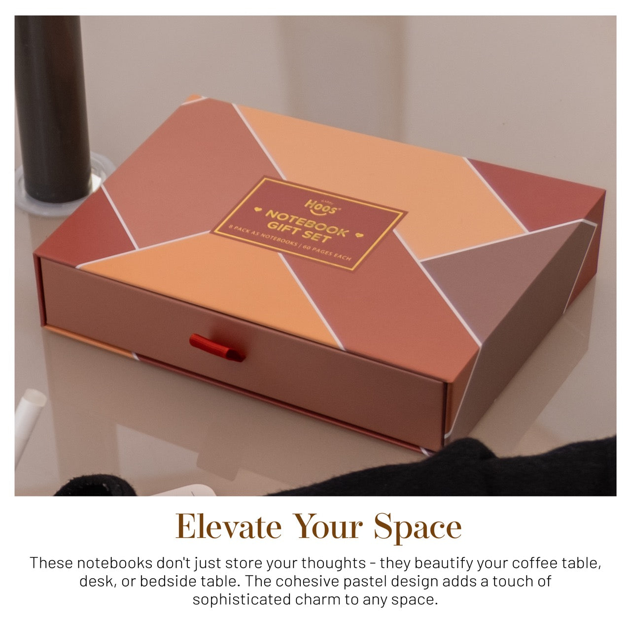 Geometric fall notebook gift set packaging on a surface with text describing its use.