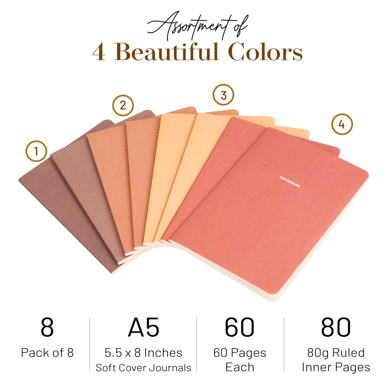 Assortment of 8 A5 soft cover journals in four colors with product details on a white background.