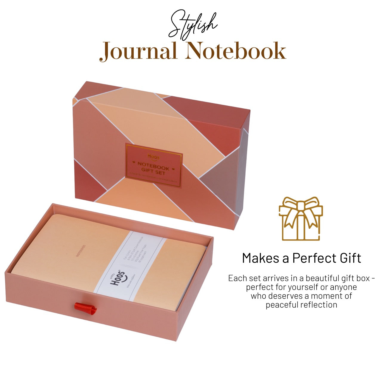 Stylish fall journal notebook set in a decorative gift box with text about it being a perfect gift.
