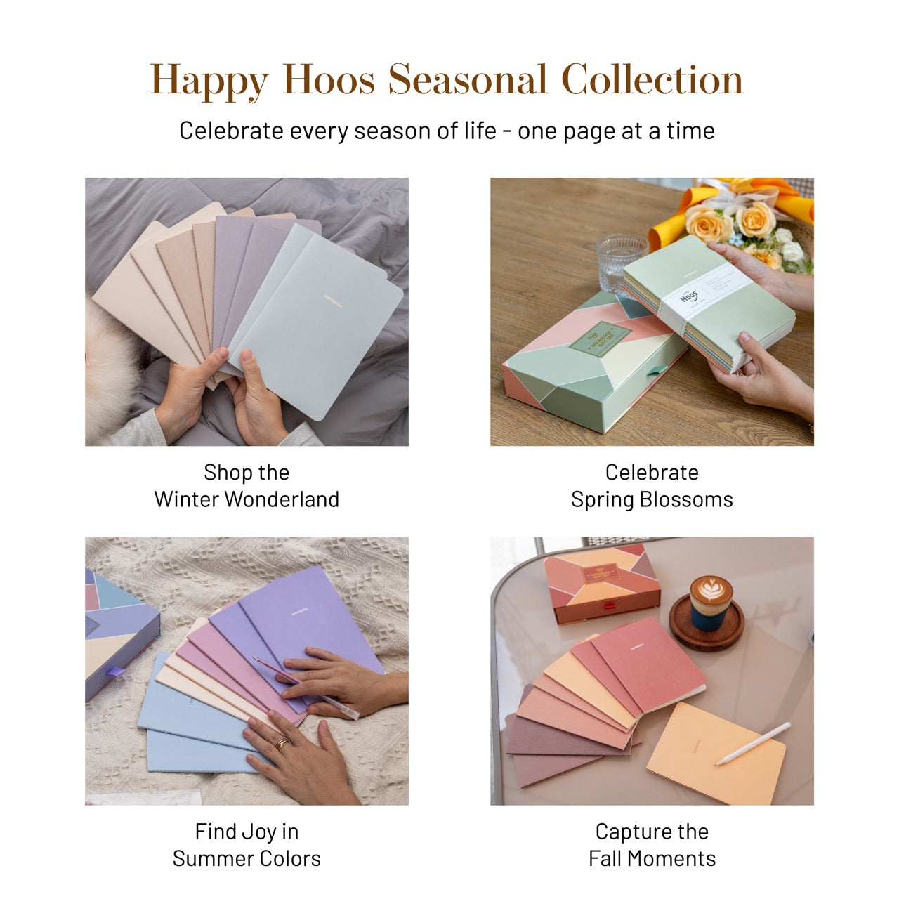 Promotional image for 'Happy Hoos Seasonal Collection' with images of notebooks and stationery items.
