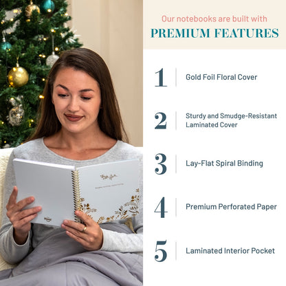 Woman reading a notebook with premium features listed on the right
