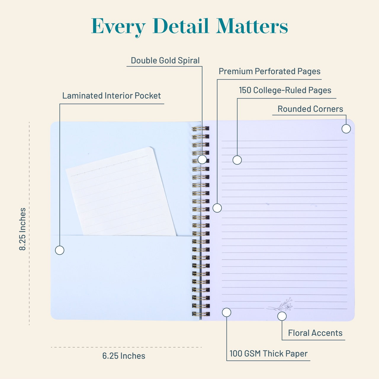 Spiral-bound notebook with features highlighted on a beige background