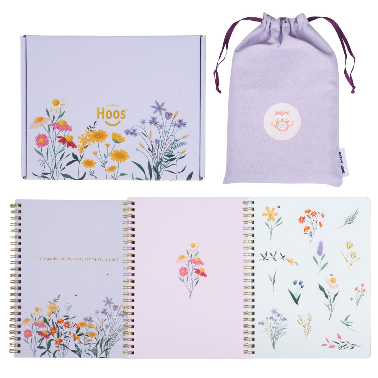 Floral notebooks with a drawstring bag and a box on a white background