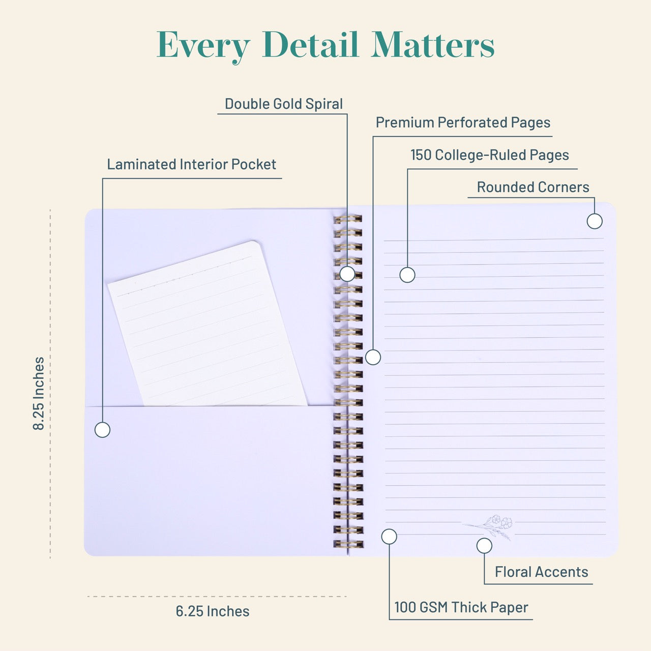 Spiral-bound notebook with features highlighted on a beige background