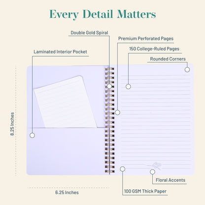 Spiral-bound notebook with features highlighted on a beige background