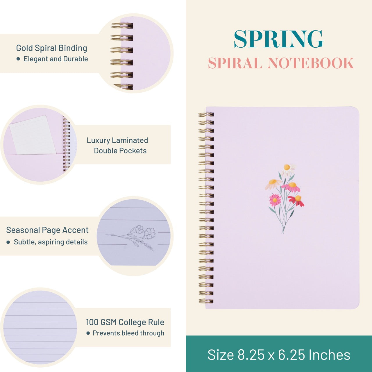 Spiral notebook with floral design on cover, features listed on the left, on a beige background