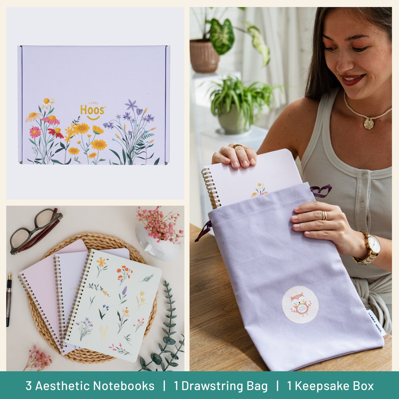Collage of aesthetic notebooks, a drawstring bag, and a woman with a keepsake box featuring floral designs.