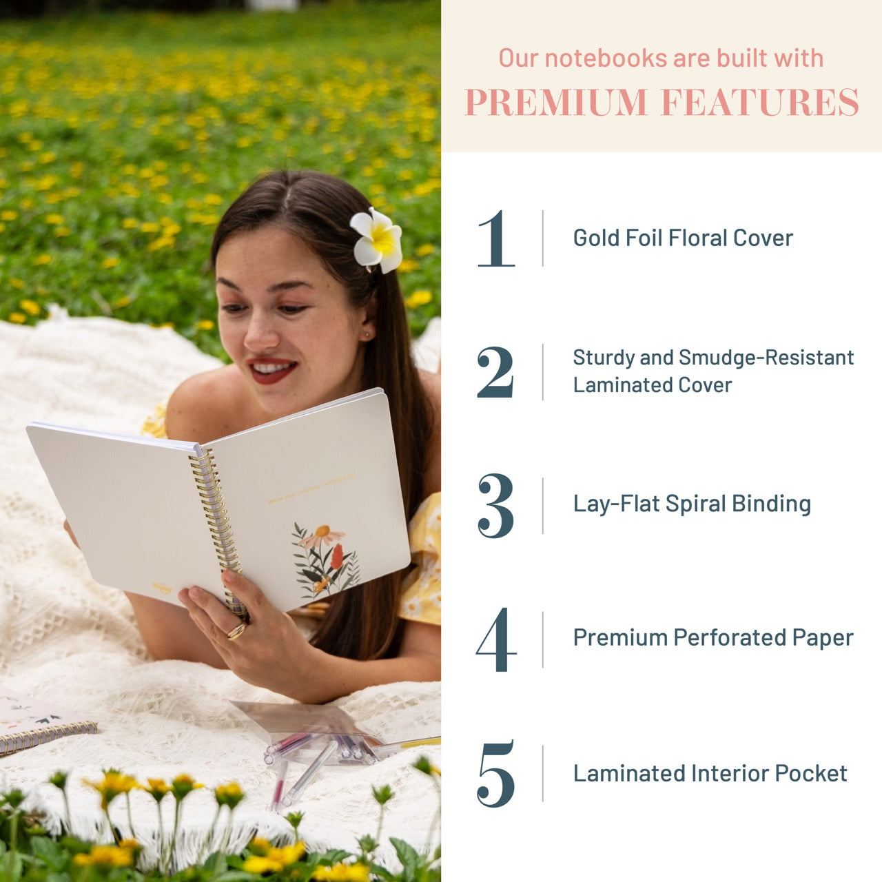 Woman reading a notebook in a field with premium features of notebooks listed on the right.