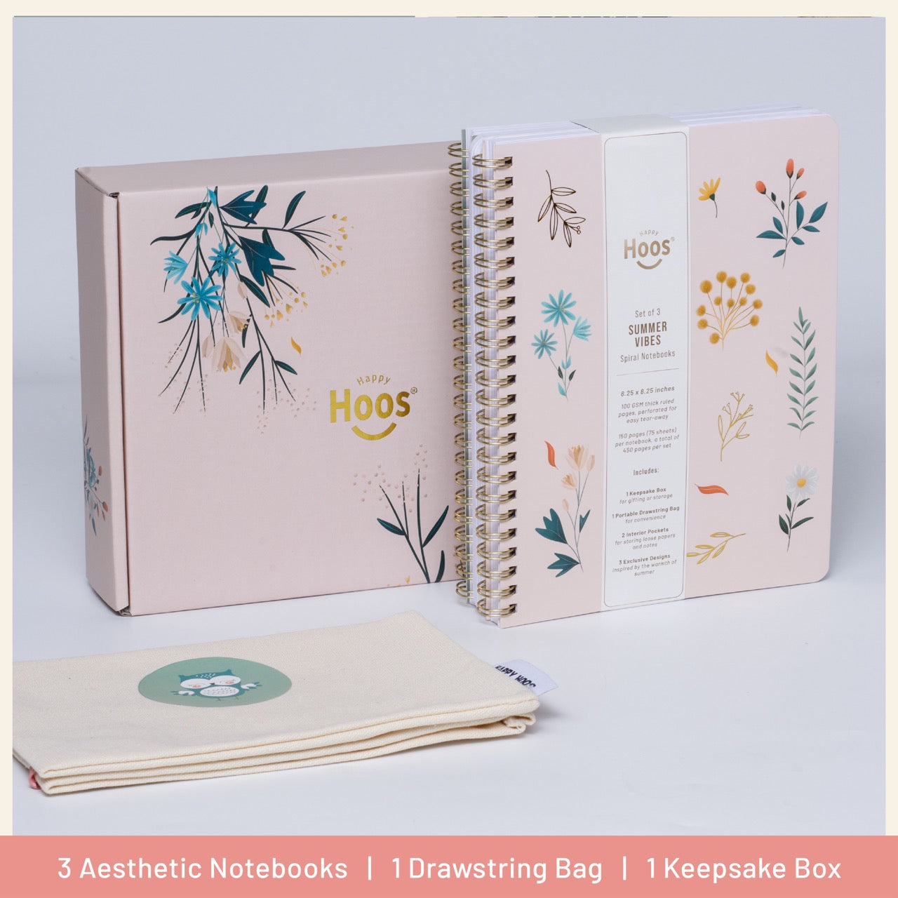 Set of three aesthetic notebooks with floral designs, a drawstring bag, and a keepsake box on a light gray background.