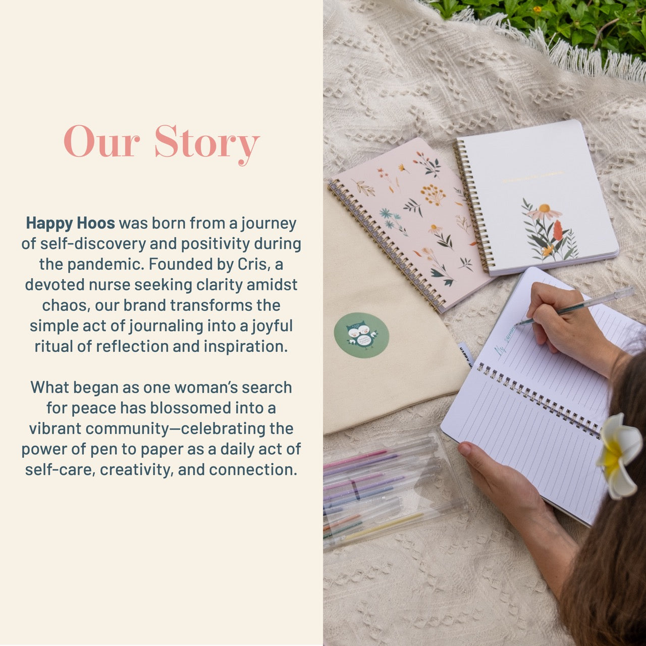 Notebooks with floral designs on a textured surface, with text about Happy Hoos brand and its mission.