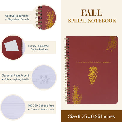 Spiral notebook with fall-themed design and features on a beige background