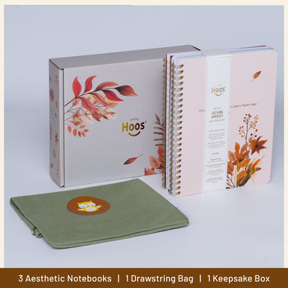 Set of three notebooks, a drawstring bag, and a keepsake box with 'HOOS' branding on a light gray background.