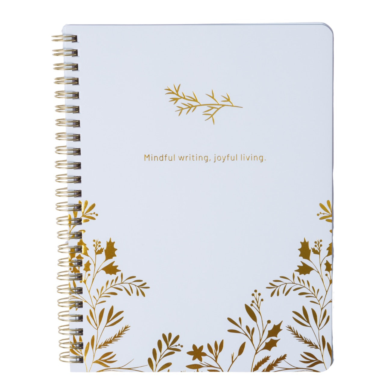 Notebook with gold leaf designs and 'Mindful writing, joyful living' text on a white background