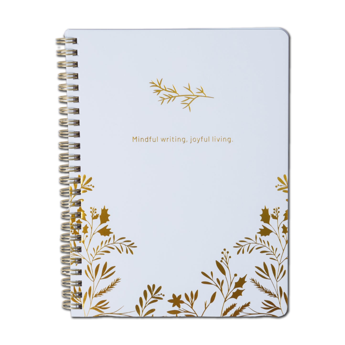Winter Bliss lined spiral notebook with white cover, gold botanical foil, and gold coil binding