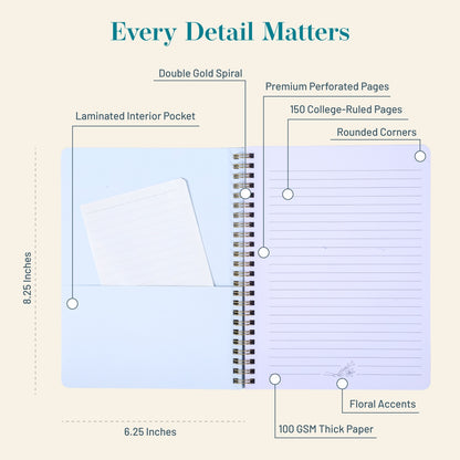Spiral-bound notebook with features highlighted on a beige background