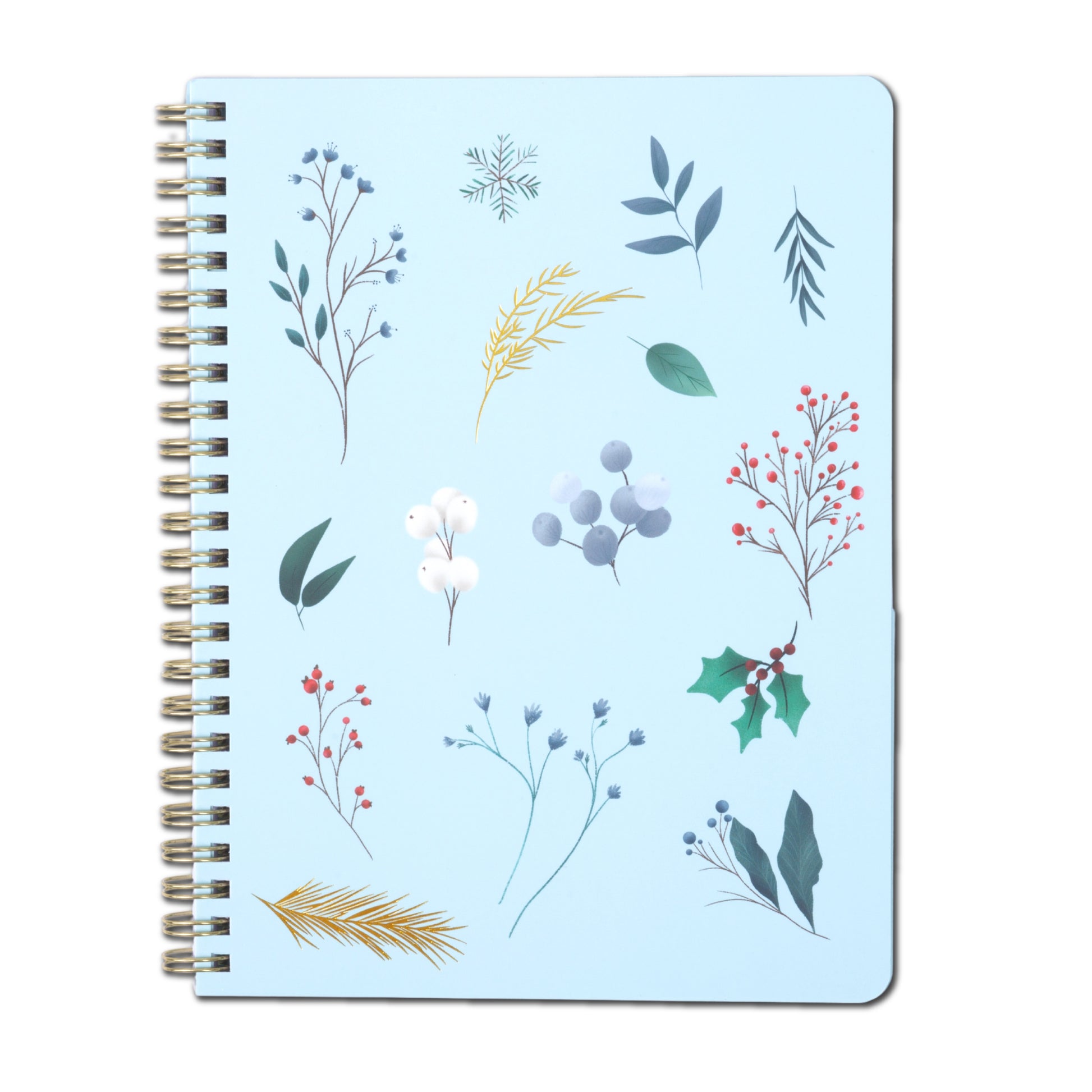 Light blue winter botanical spiral notebook with gold coil—perfect for Bible study notes, journaling, school, and daily note taking.