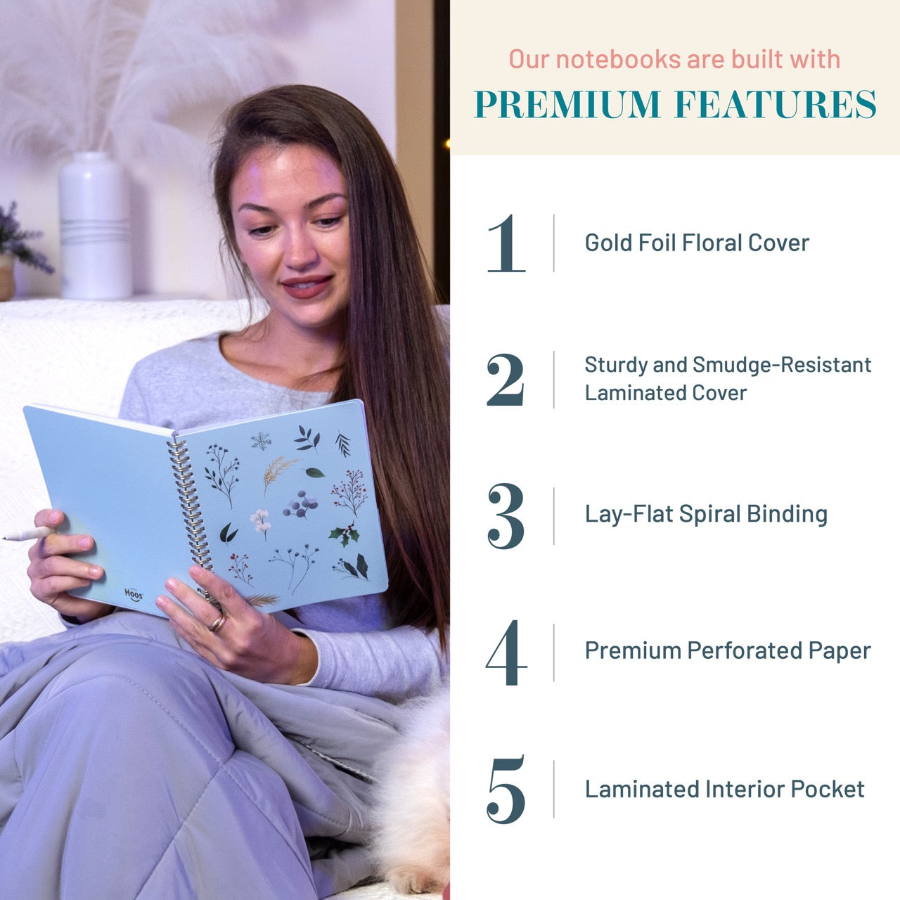 Woman holding a notebook with premium features listed on the right