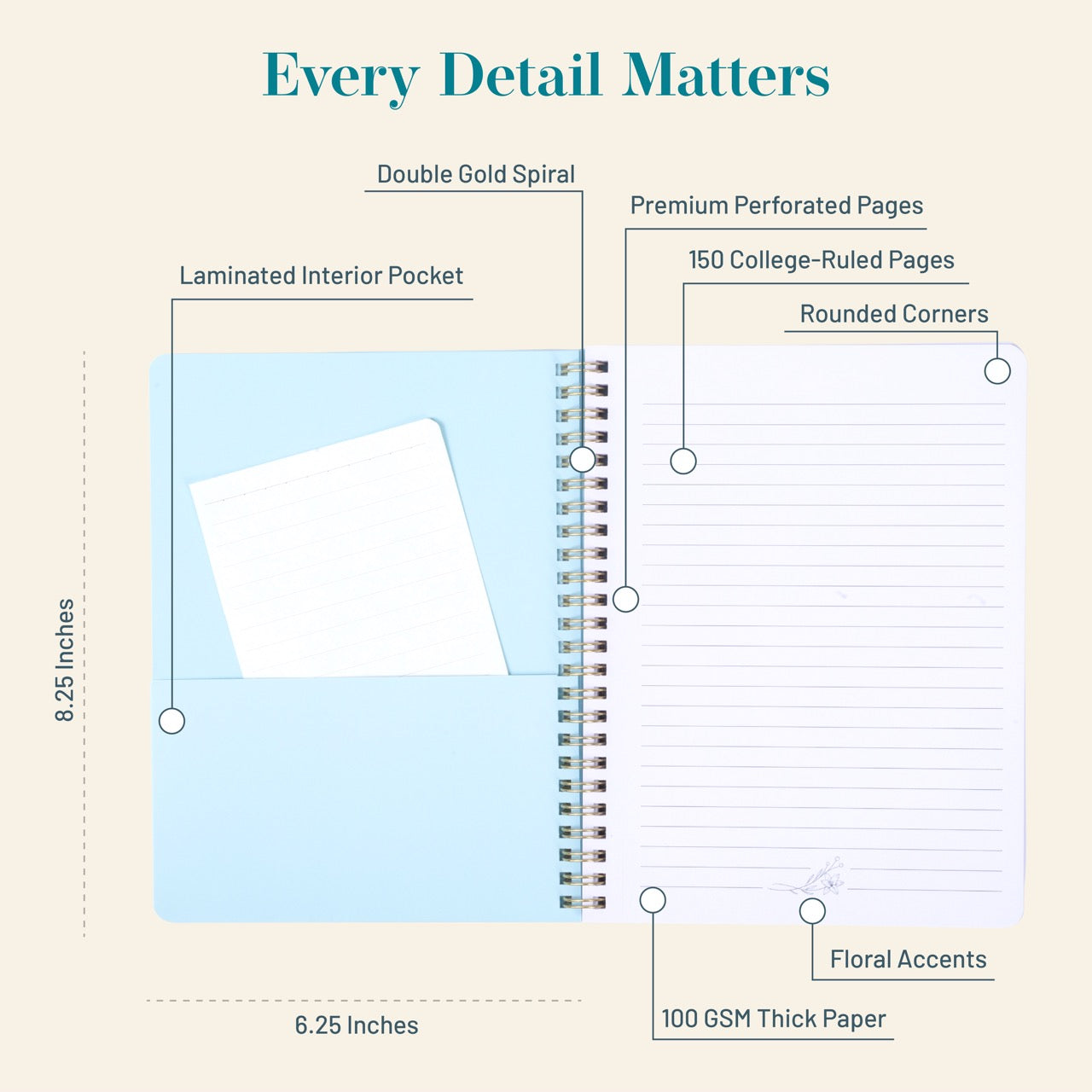 Spiral-bound notebook with features highlighted on a beige background