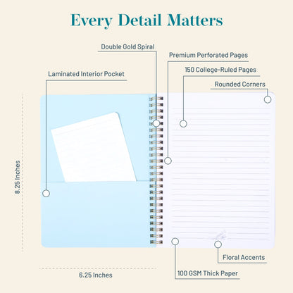 Spiral-bound notebook with features highlighted on a beige background