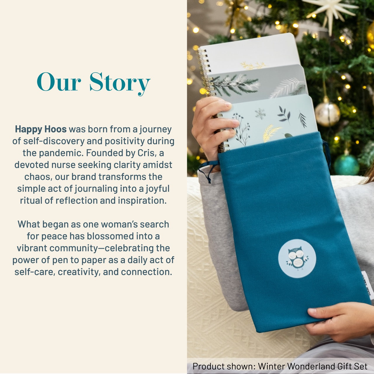 Product packaging with a brand story text overlay, featuring a Christmas tree in the background.