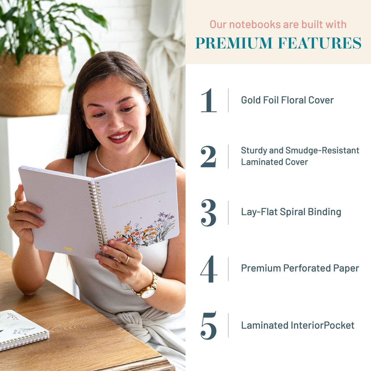 Woman reading a notebook with premium features listed on the right