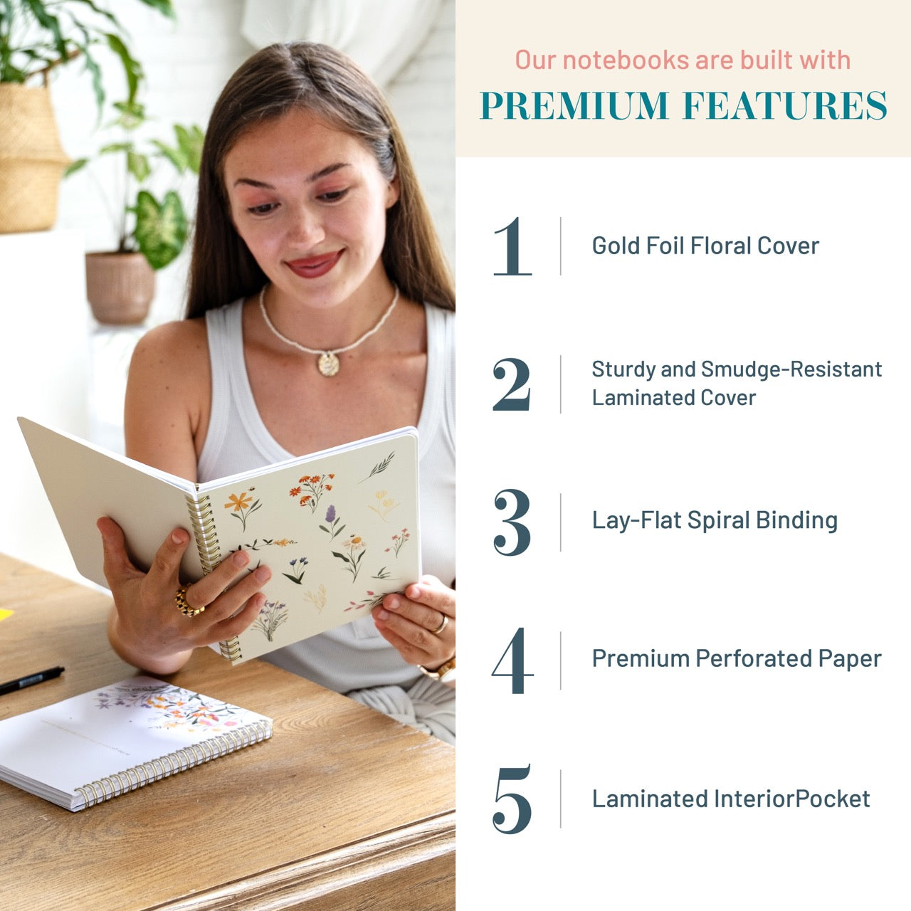 Woman reading a notebook with premium features listed on the right