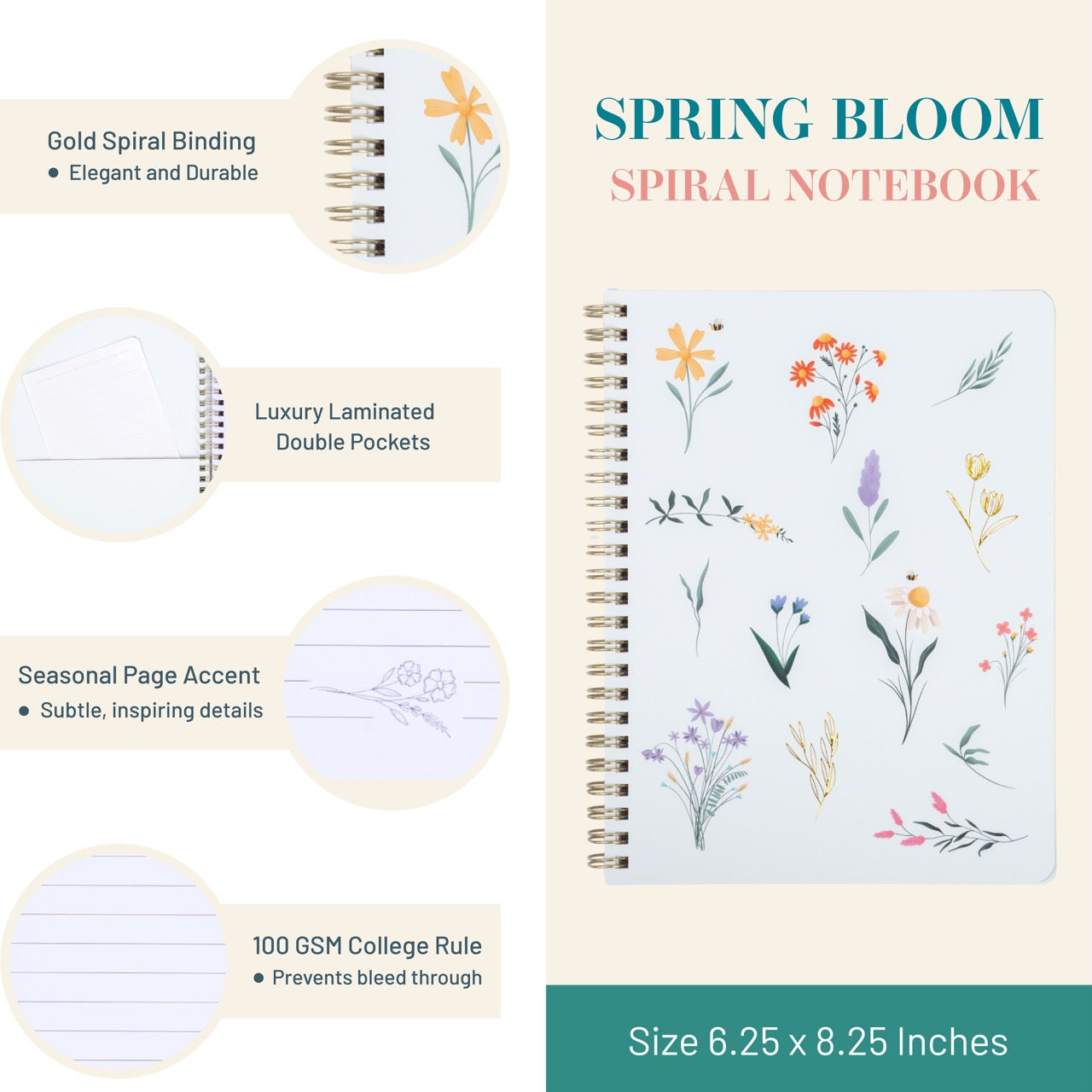 Spring Bloom spiral notebook with floral design on a beige background