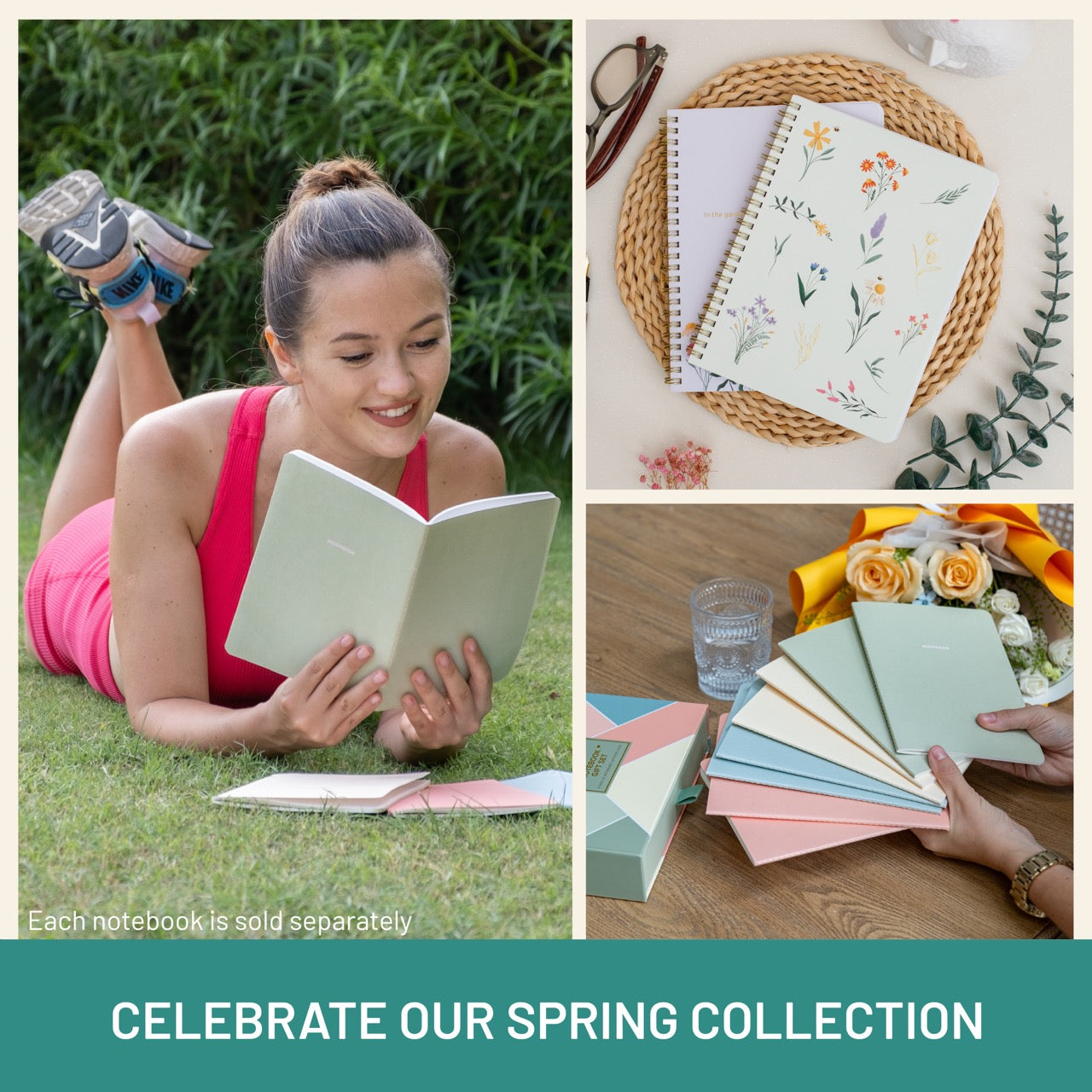Collage of a woman reading outdoors, notebooks on a table, and hands holding notebooks with text 'Celebrate Our Spring Collection'.