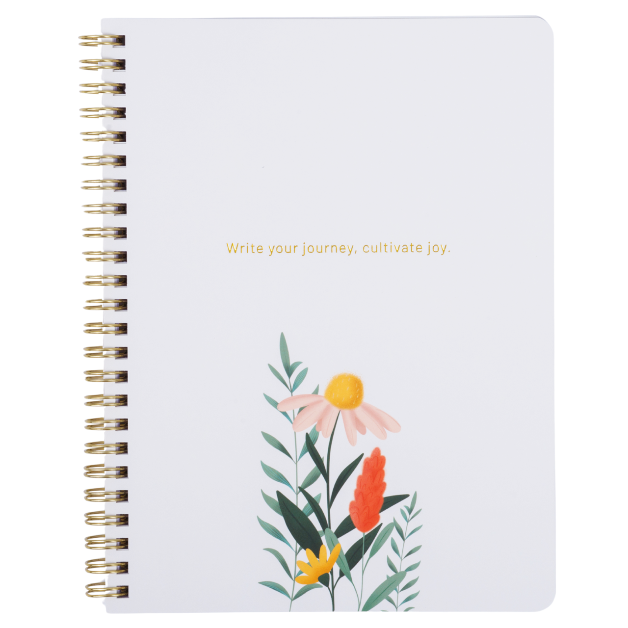 Notebook with floral design and text on a white background