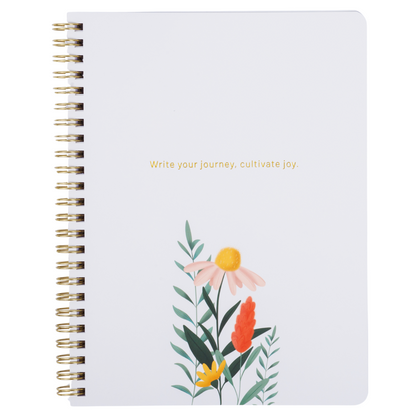 Notebook with floral design and text on a white background