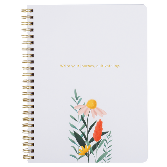 Notebook with floral design and text on a white background