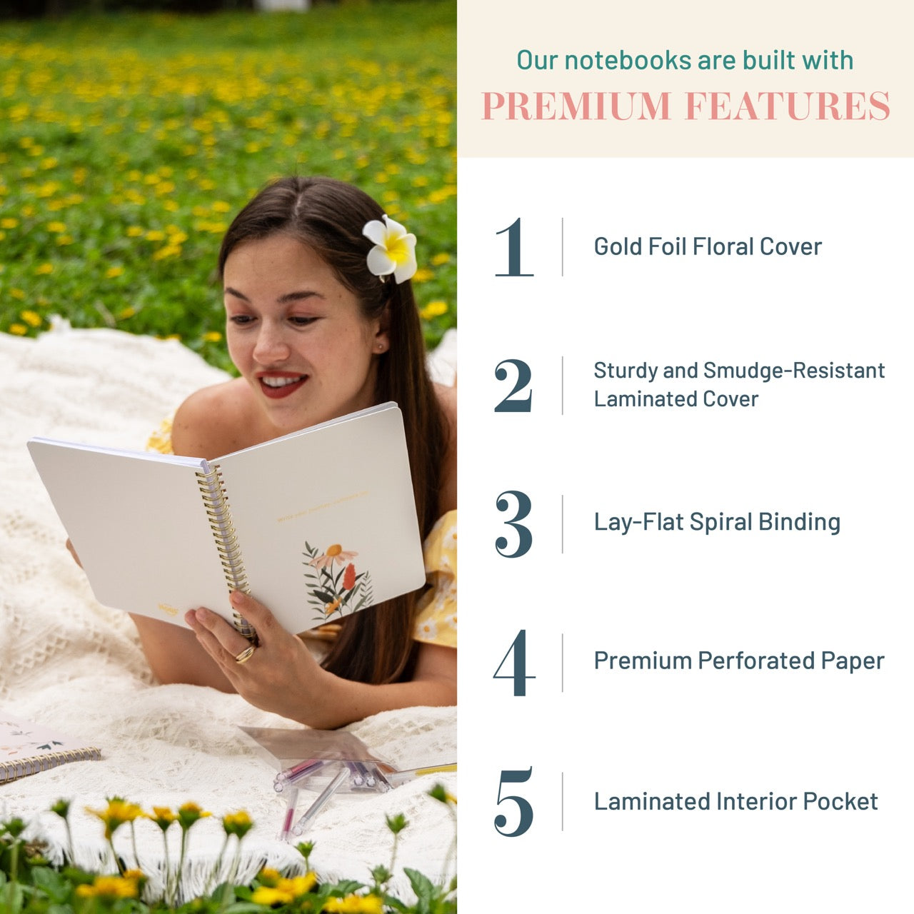Woman reading a notebook in a field with promotional text about notebook features.