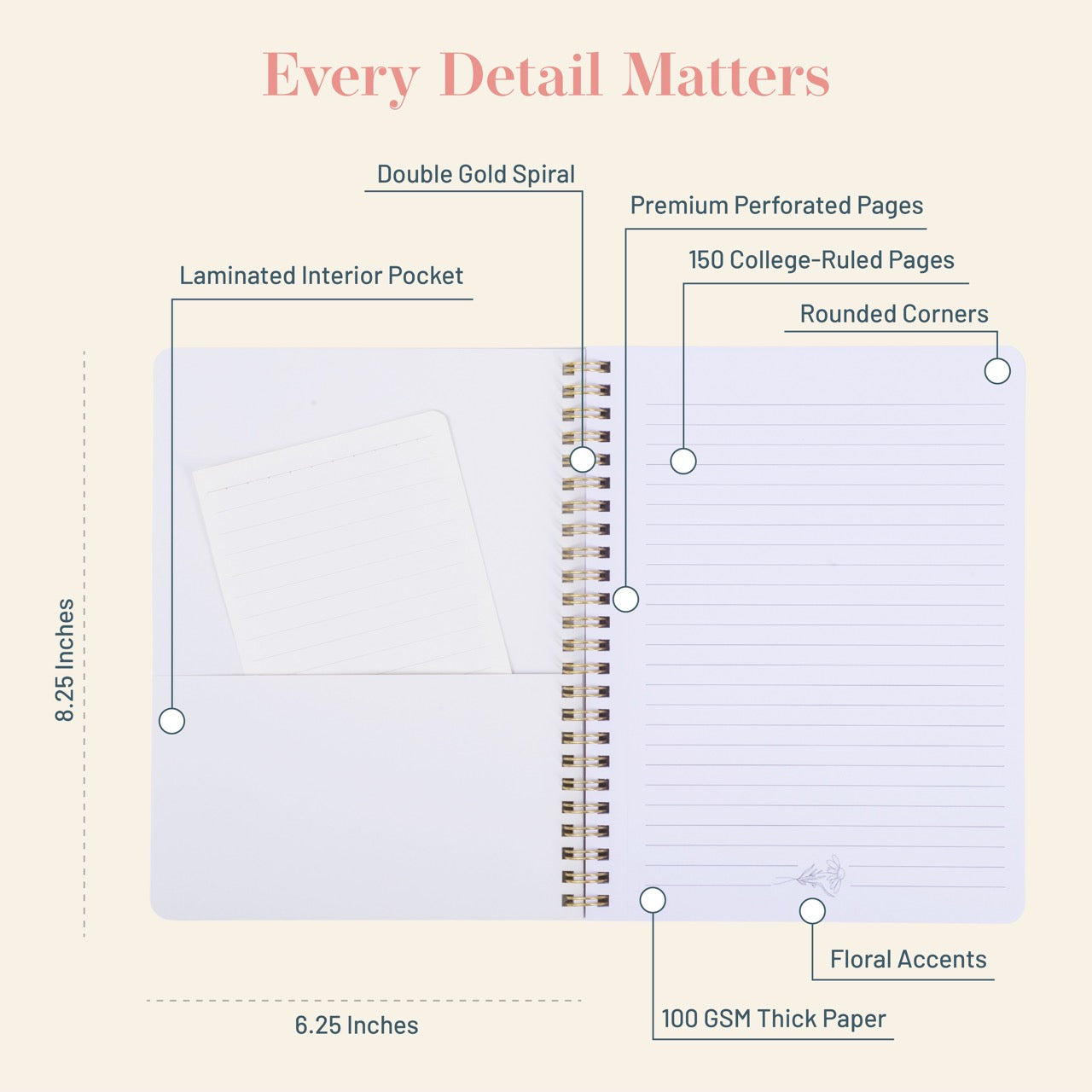 Spiral-bound notebook with features highlighted on a beige background
