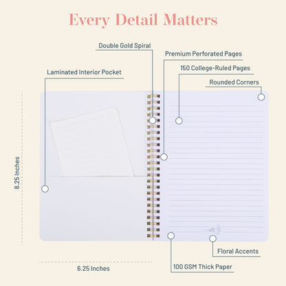 Spiral-bound notebook with features highlighted on a beige background