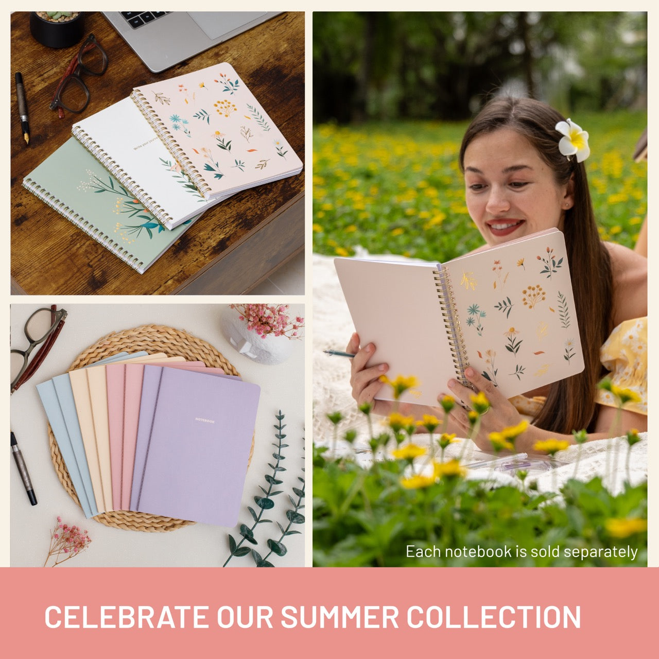 Collage of notebooks with floral designs, a woman holding a notebook outdoors, and stationery items.