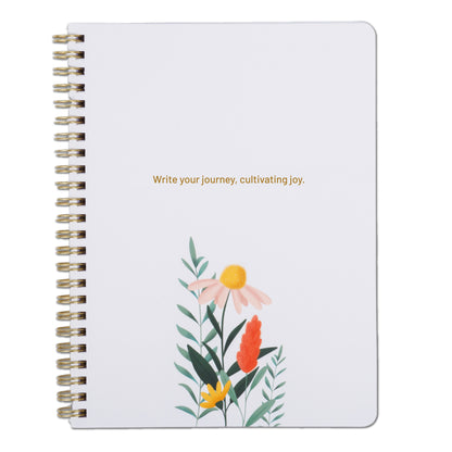 Happy Hoos “Joyful Journey” summer spiral notebook with gold coil binding, college-ruled lined pages, thick 100 GSM paper, floral cover and quote “Write your journey, cultivate joy” perfect for journaling, planning, Bible study notes, and teacher gifts