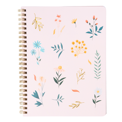Summer Garden spiral notebook with blush pink aesthetic cover and colorful botanical florals, gold spiral binding, compact 6.25 x 8.25 size—  perfect for summer journaling, daily planning & to-do lists, bible study & sermon notes, school/college notes, and stationery gifts for women.