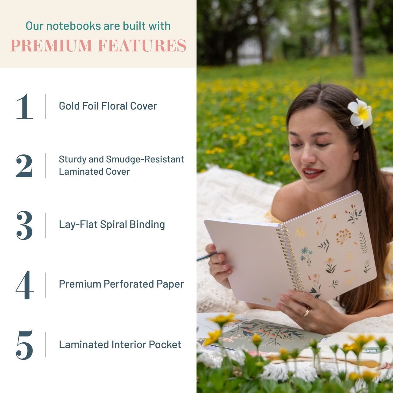 Woman reading a notebook with premium features listed on the left