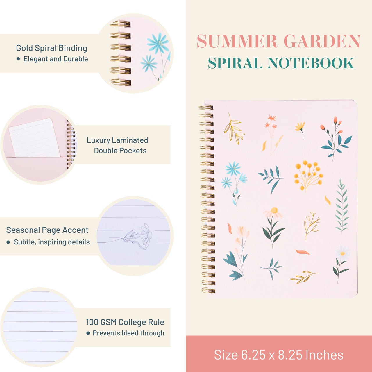 Summer Garden spiral notebook with floral design on a light background