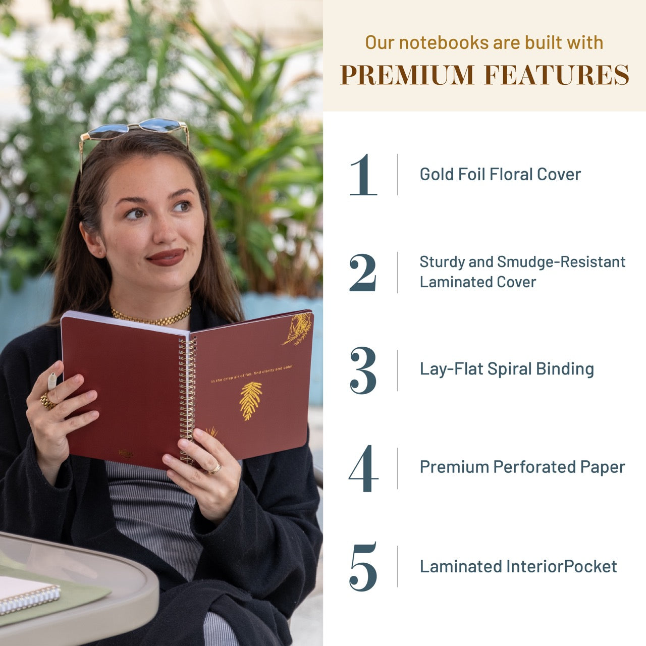 Woman holding a notebook with premium features listed on the right