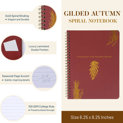 Gilded Autumn spiral notebook with features highlighted on a beige background