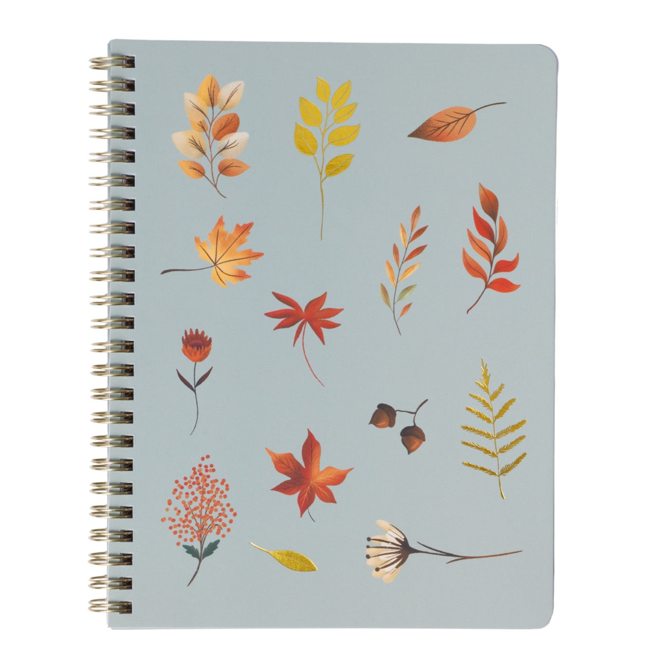 Notebook with autumn leaf design on a light blue background