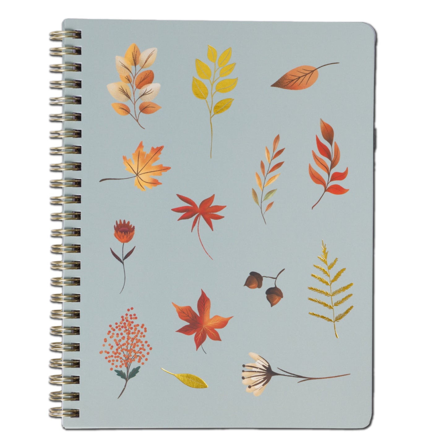 Notebook with autumn leaf design on a light blue background