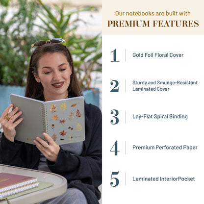 Woman holding a notebook with premium features listed on the right