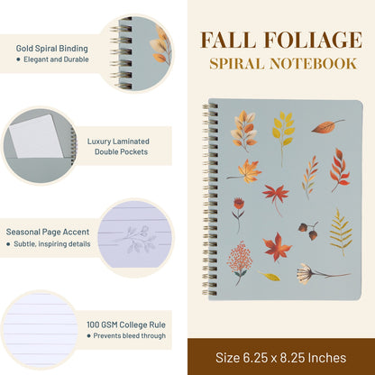 Spiral notebook with fall foliage design on a beige background