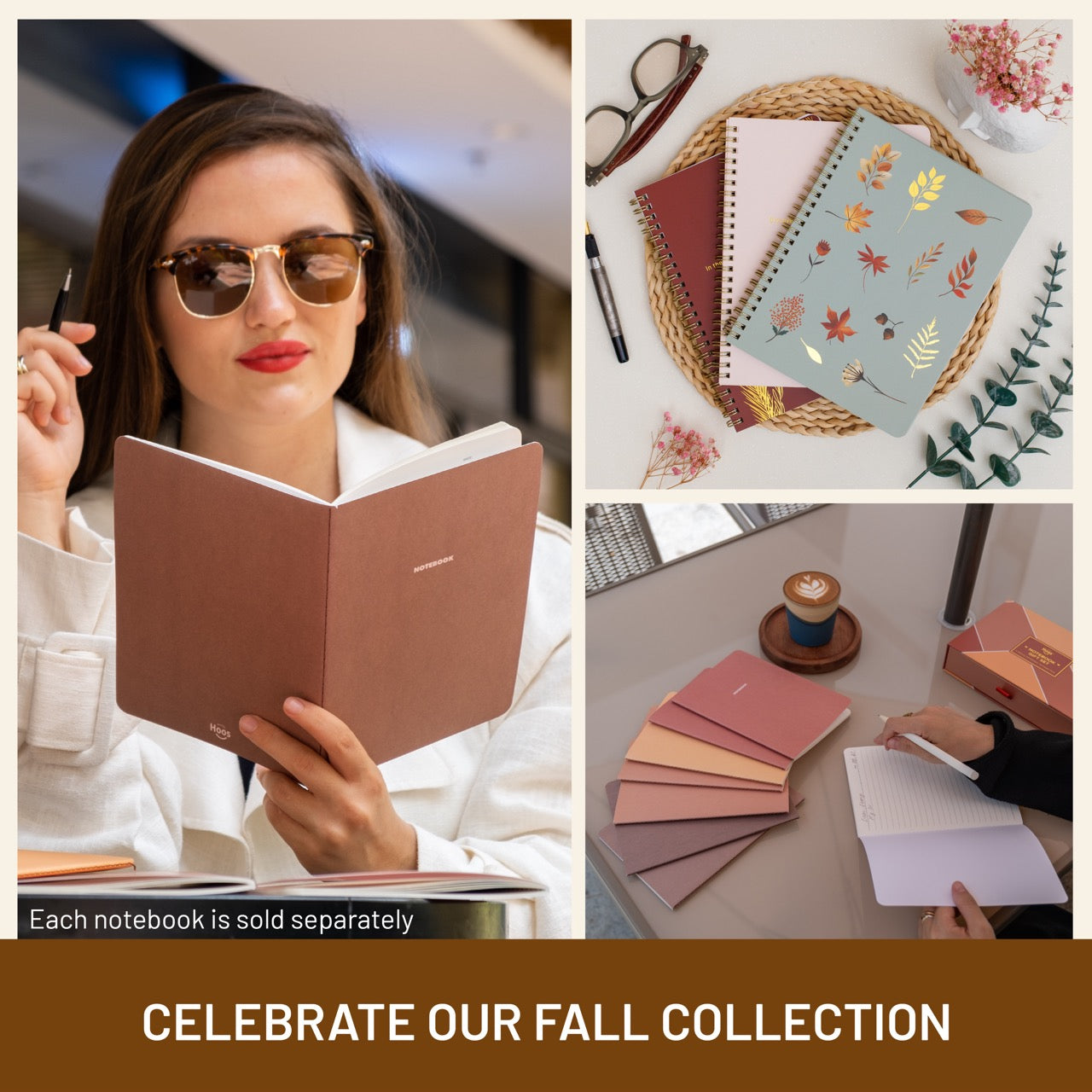 Collage of a woman reading a notebook, notebooks with autumn designs, and a person writing.